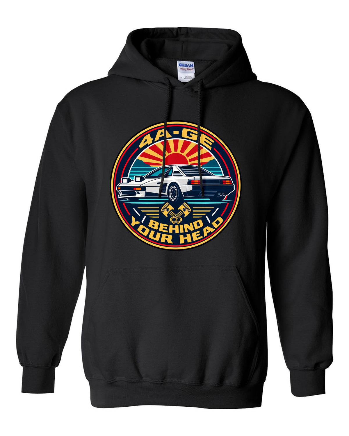 Round crest print of a Toyota MR2 AW11 with 4A-GE text black pull over hoodie front view with the design