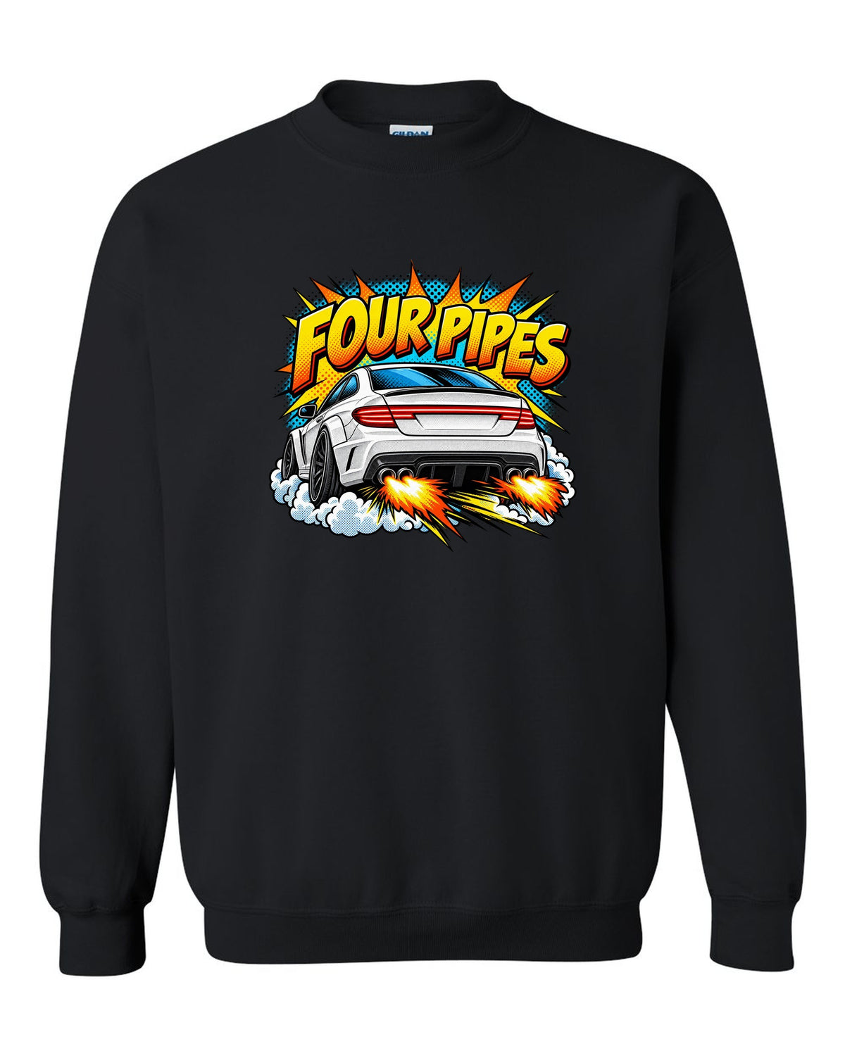Comic halftone pop-art of the exhaust end of a Mercedes C63 Coupe C204 black crewneck front view with the design