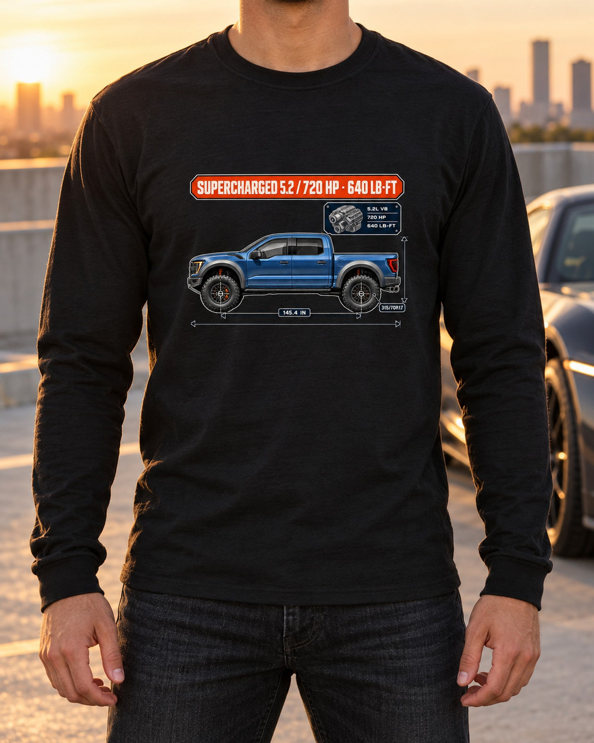 Ford F-150 Raptor R 2023 Dimension Blueprint Shirt Long Sleeve Black worn hero