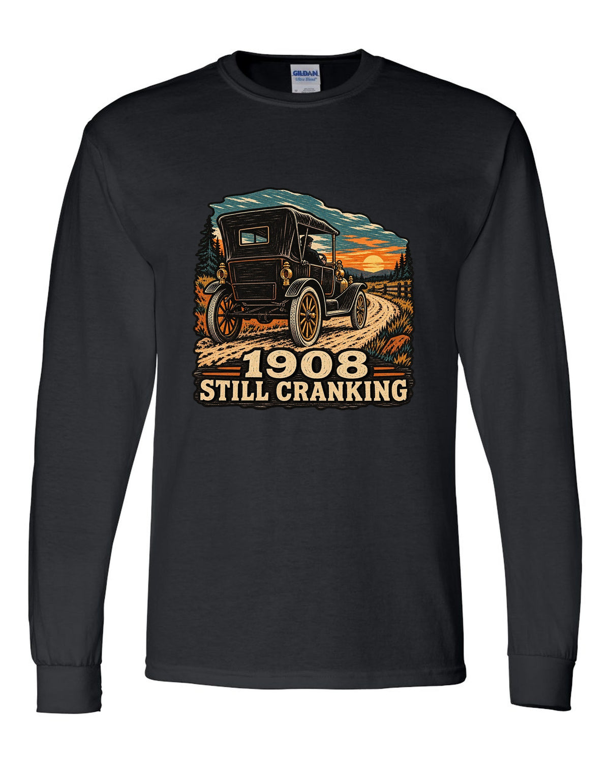 Multi-colour woodcut illustration of a Ford Model T Tin Lizzie with 1908 still cranking text black long sleeve front view with the design
