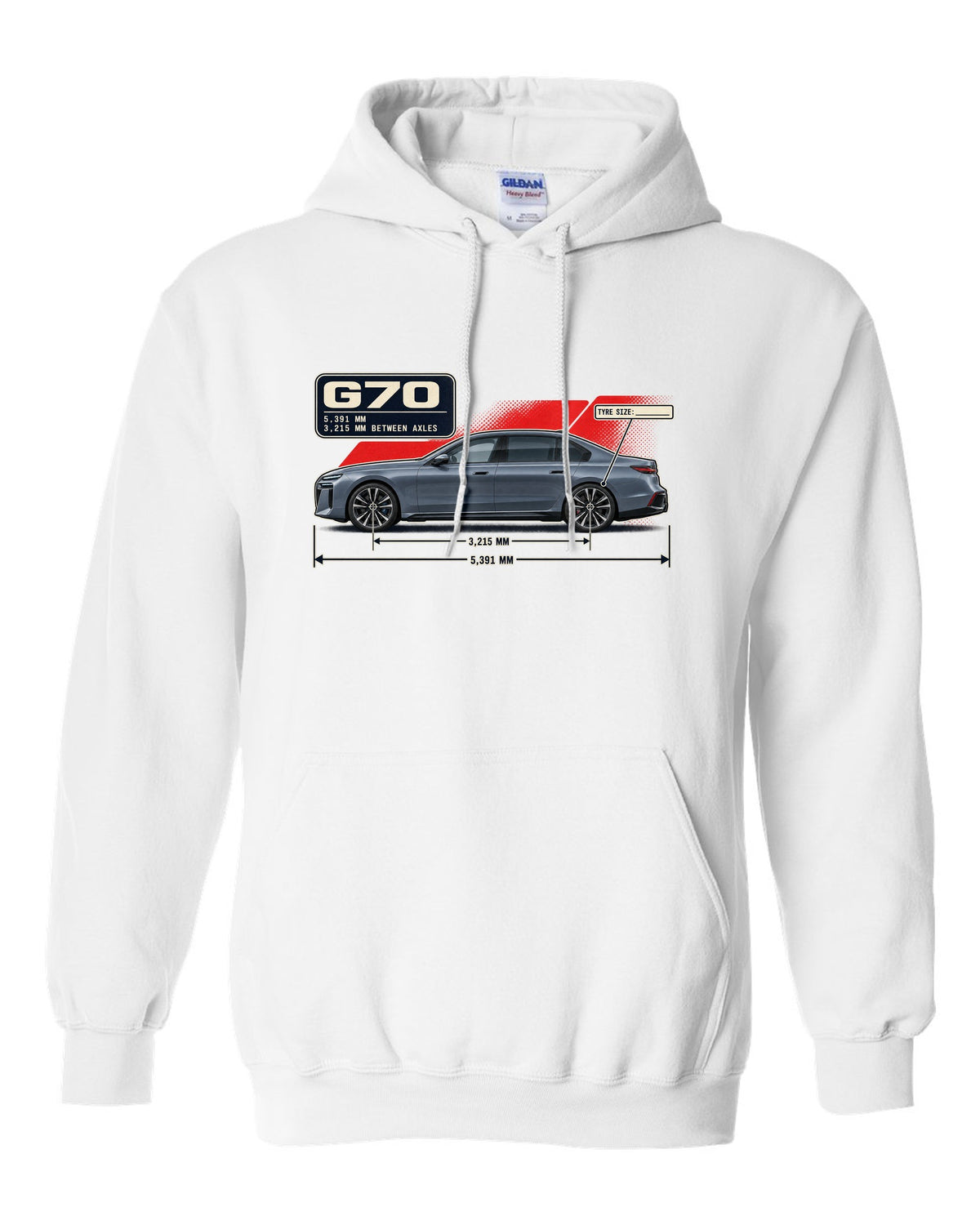 Dimension blueprint print of the BMW i7 M70 xDrive G70 white pull over hoodie front view with the design