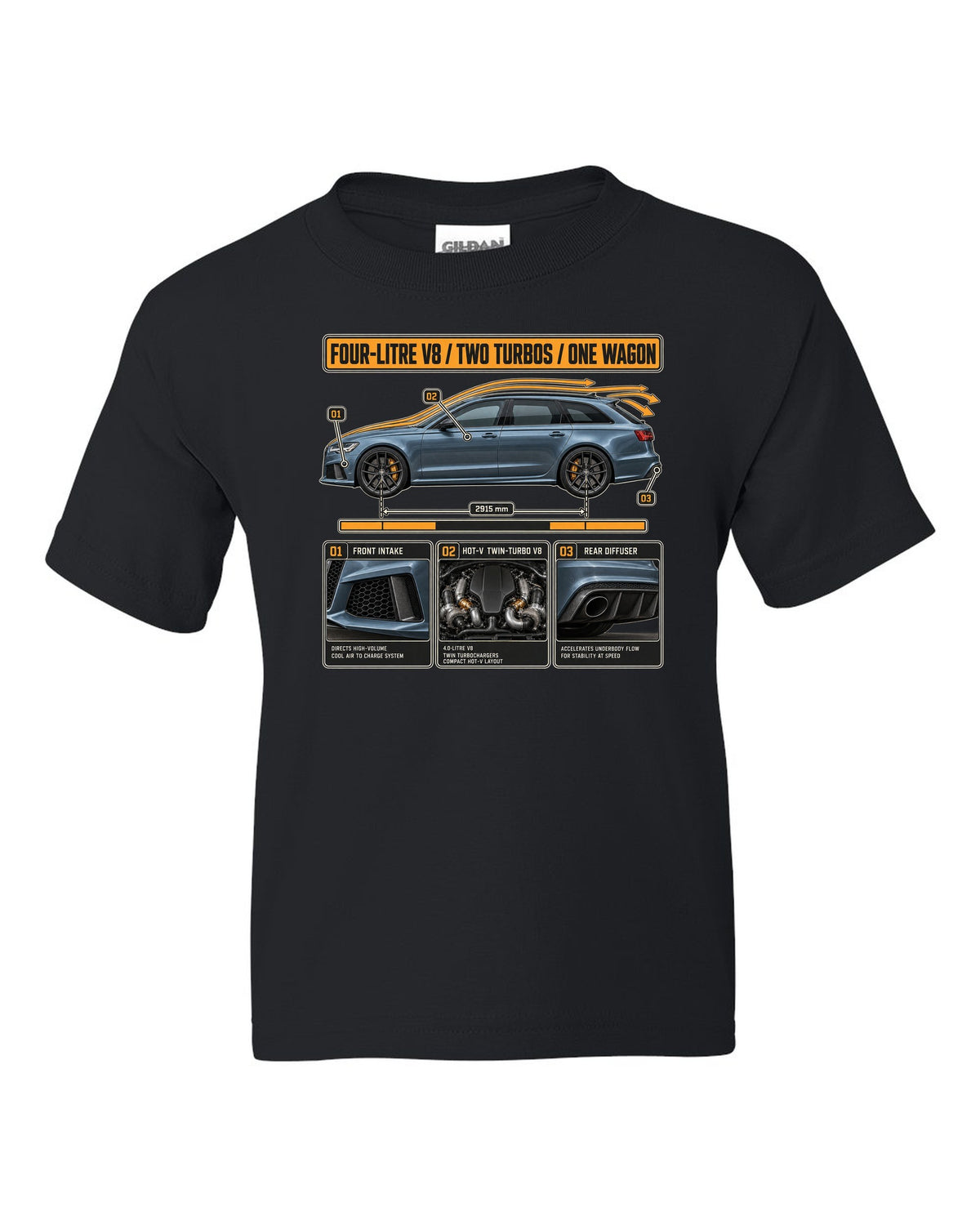 Audi RS6 Avant C7 steel blue aero cutaway callouts print black kids tee front view with the design