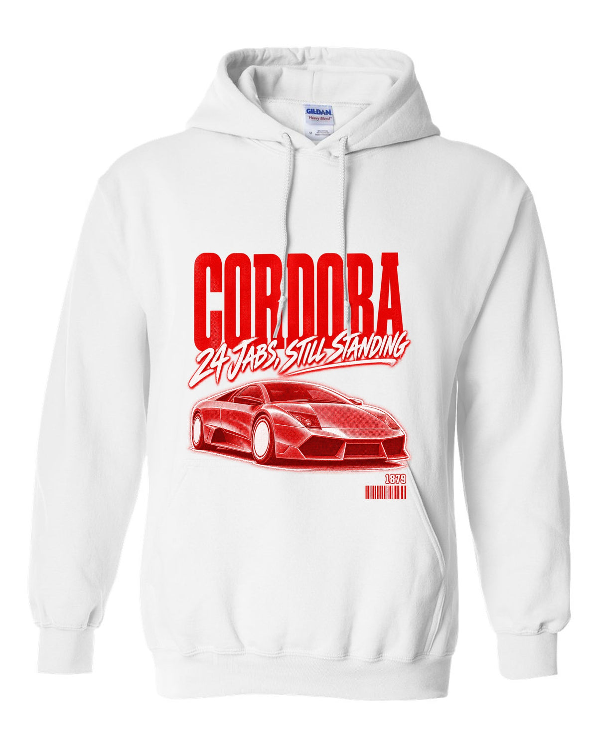 Street poster print of a Lamborghini Murcielago LP640 with Cordoba and 1879 text white pull over hoodie front view with the design