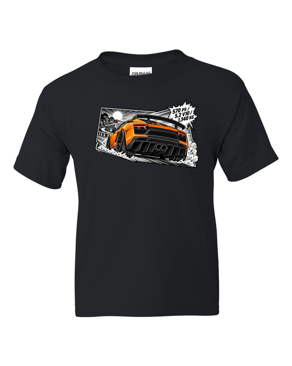 Retro manga halftone panel of a Lamborghini Gallardo LP570-4 Superleggera with spec text black kids tee front view with the design