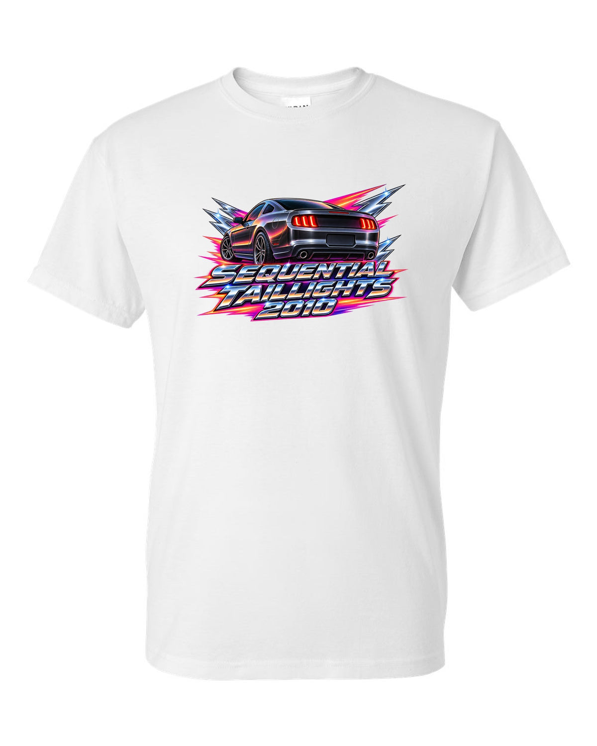 80s airbrush chrome 2005-2014 S197 Ford Mustang fastback with sequential taillights text white t-shirt front view with the design