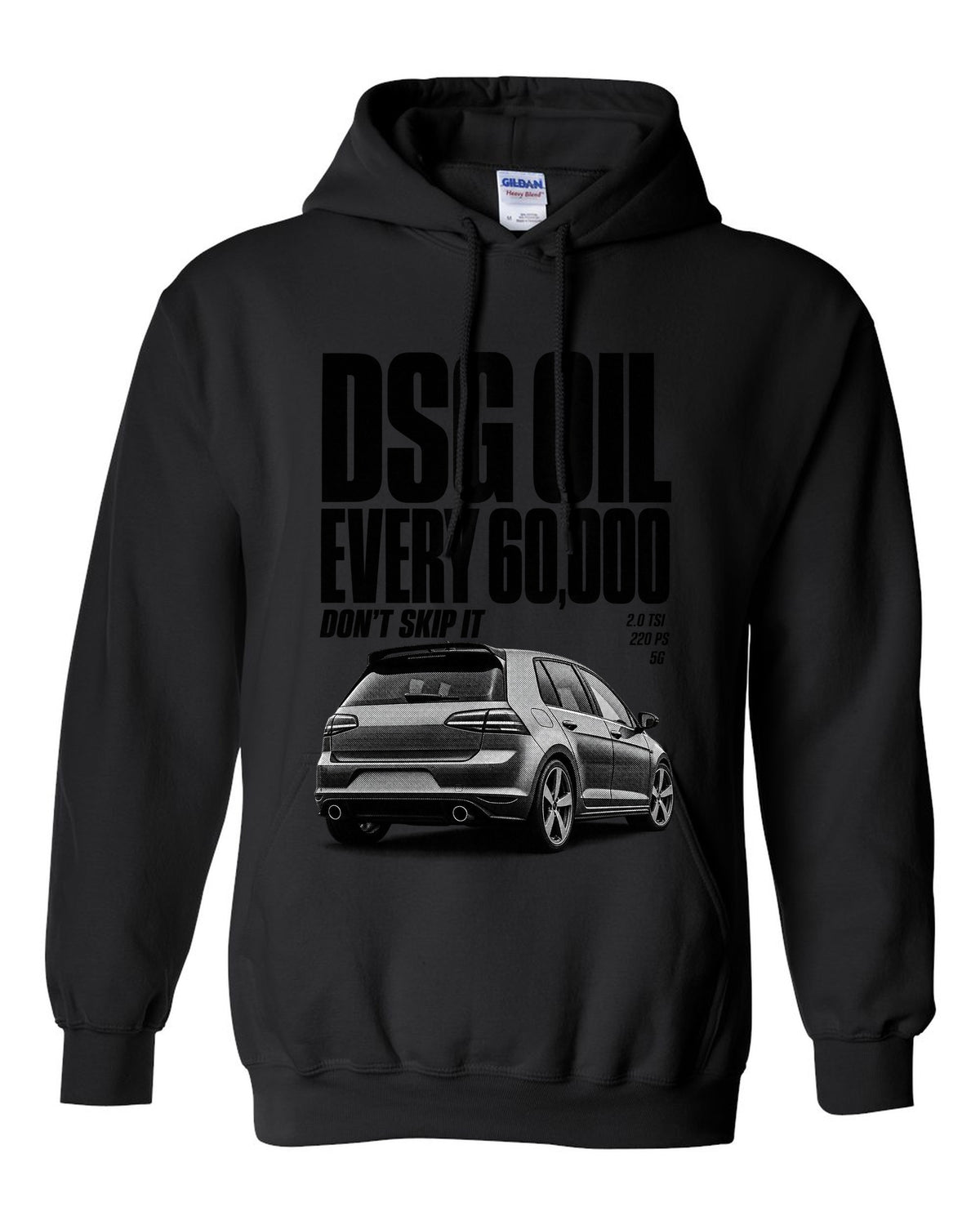Halftone print of a VW Golf Mk7 GTI rear three-quarter with DSG oil service reminder text black pull over hoodie front view with the design
