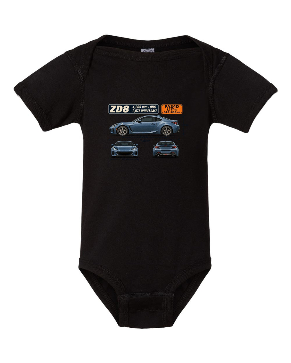 Blueprint-style dimension drawing of a Subaru BRZ ZD8 with length and wheelbase callouts black baby onesie front view with the design