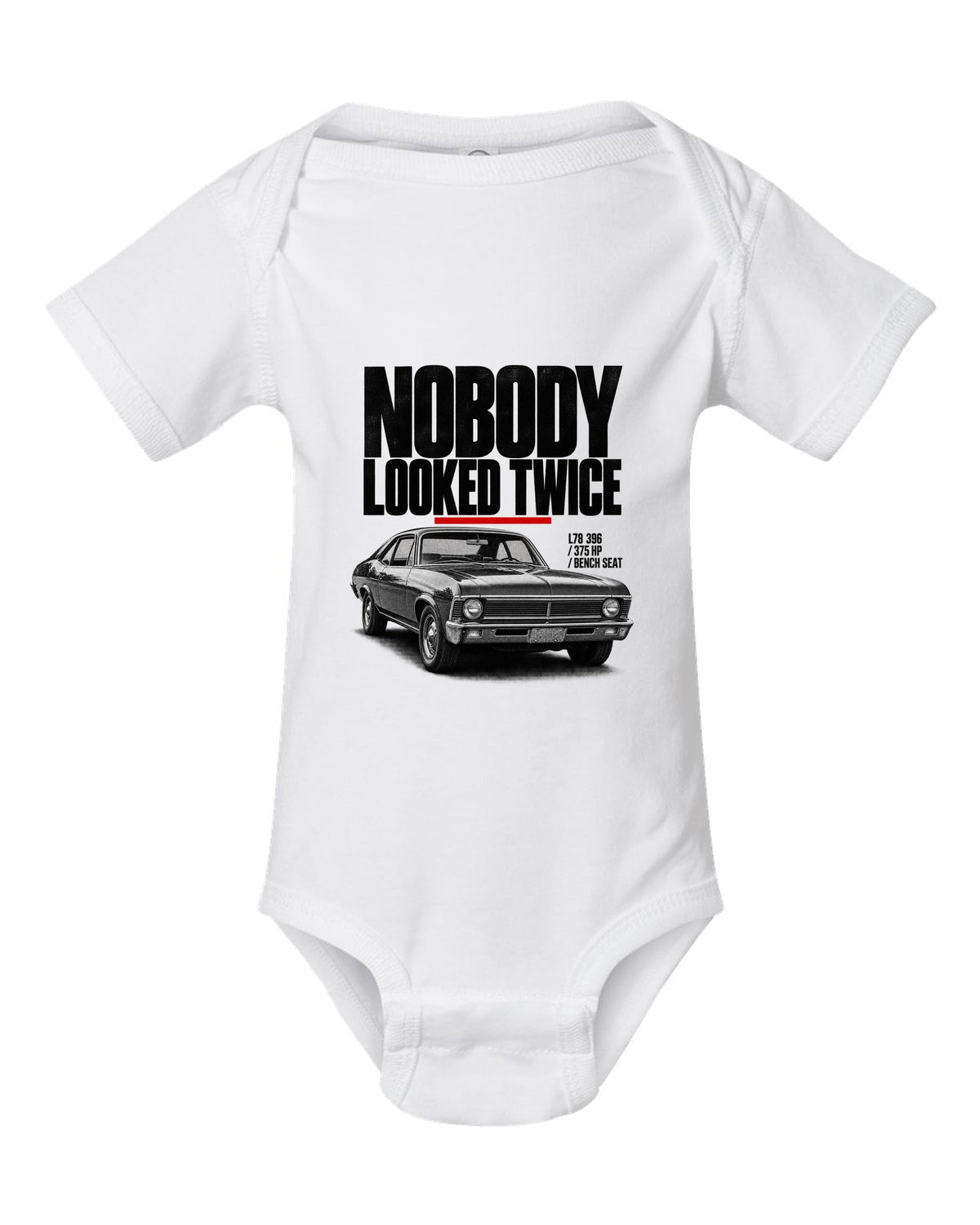 1969 Nova SS 396 halftone front three-quarter print with L78 396 specs white baby onesie front view with the design