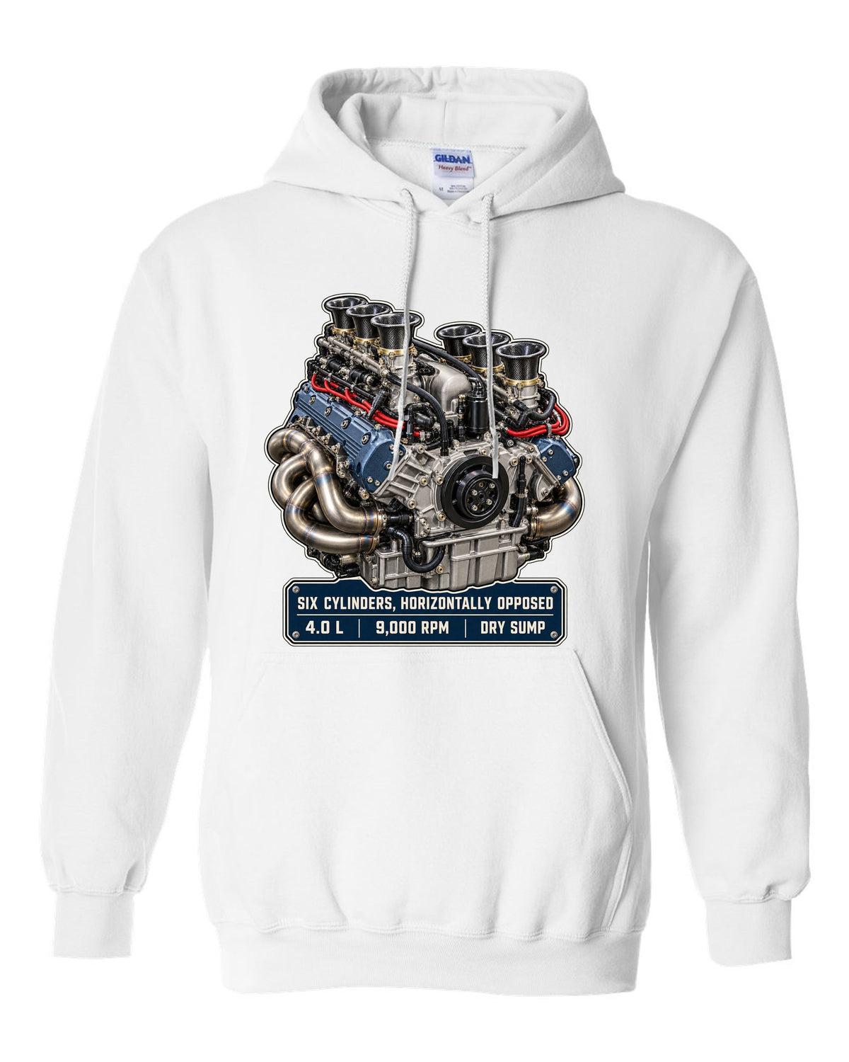 Porsche 992 GT3 RS 4.0 flat-six engine hero print design white pull over hoodie front view with the design
