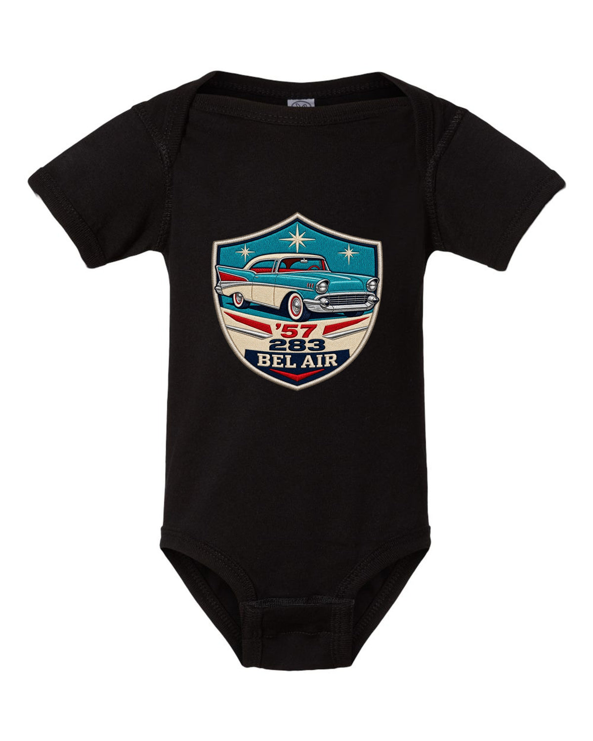 Original shield crest print for a 1957 Chevrolet Bel Air with 283 lettering black baby onesie front view with the design
