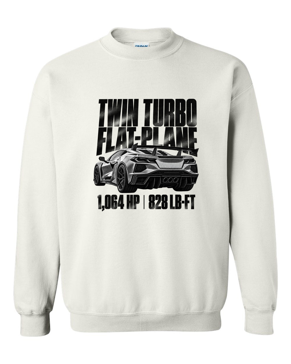 Corvette C8 ZR1 2025 hood vents and rear wing in halftone white crewneck front view with the design