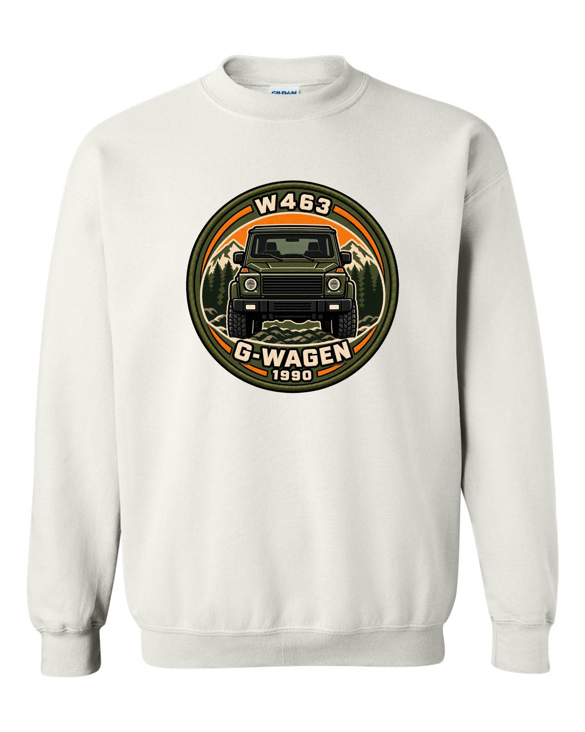 Varsity crest graphic reading W463 G-Wagen 1990 for the Mercedes G-Class, print white crewneck front view with the design