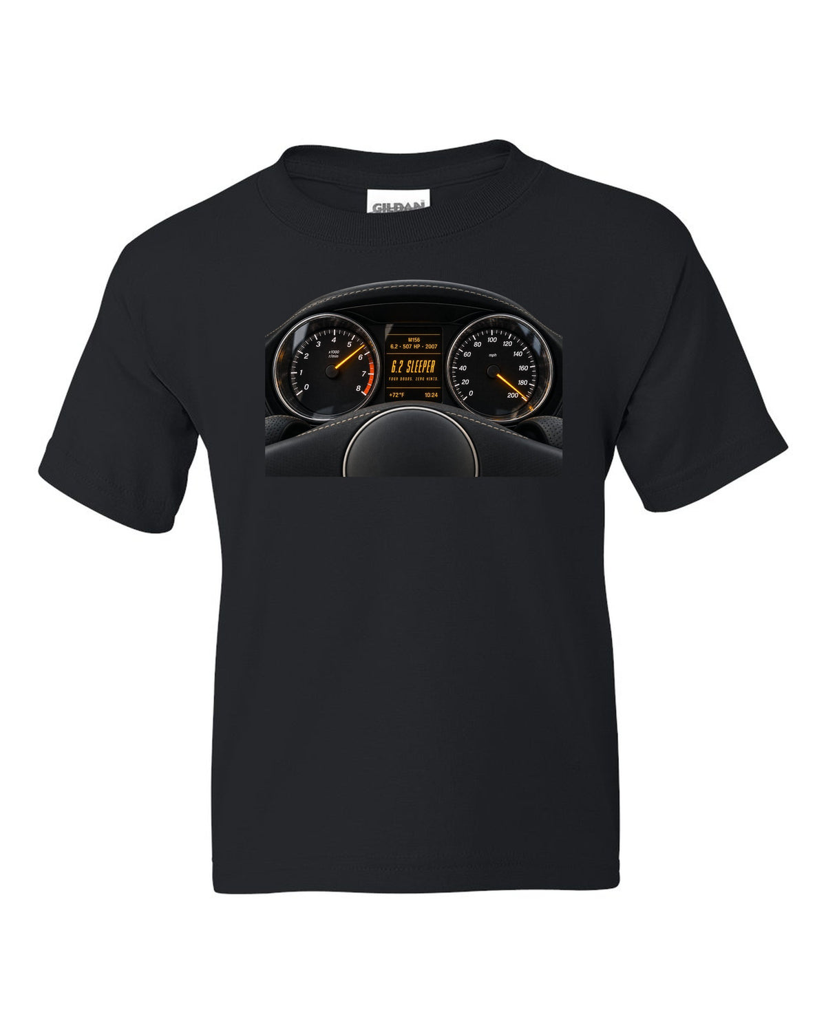 print cockpit gauge of a Mercedes W211 E63 M156 with text 507 HP, 2007, 6.2 sleeper black kids tee front view with the design