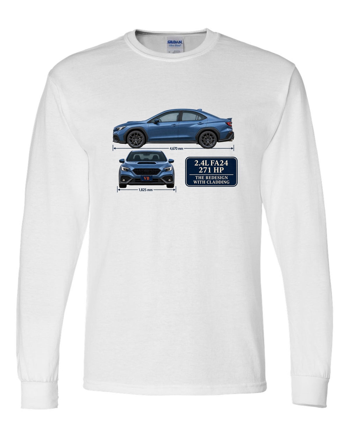 Subaru WRX VB sedan in rally blue-grey with editorial headline white long sleeve front view with the design