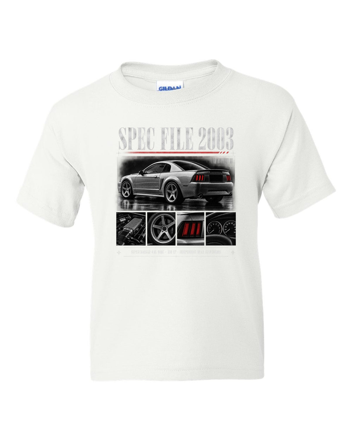 Dossier panel profile of a 2003 Ford Mustang SVT Cobra New Edge with spec file lettering white kids tee front view with the design