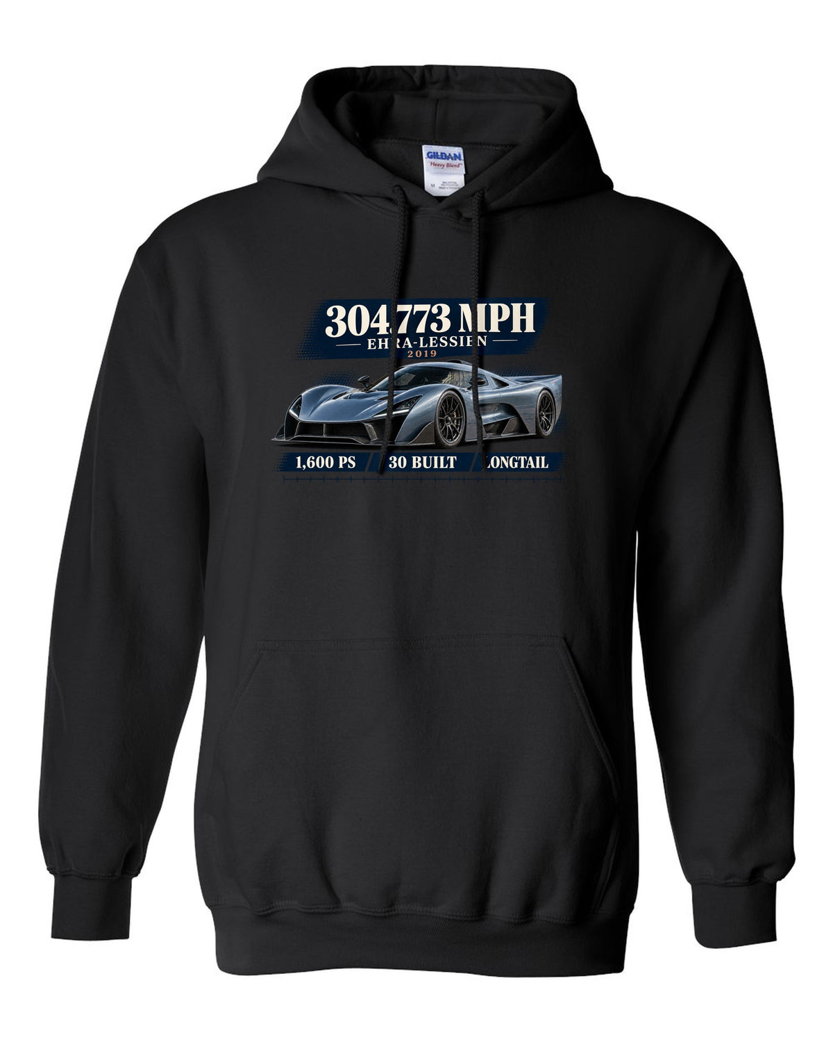 Bugatti Chiron Super Sport 300+ archive panel print with 304.773 mph record black pull over hoodie front view with the design