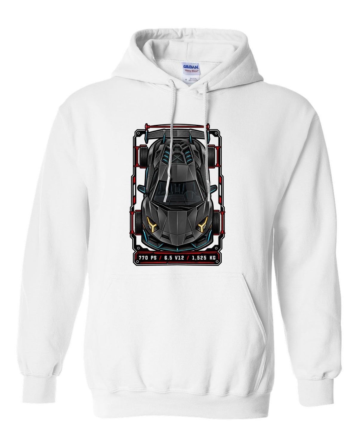 Spec-sheet data plate with a top-down Lamborghini Aventador SVJ LP770-4 and the text 770 PS / 6.5 V12 / 1,525 KG white pull over hoodie front view with the design