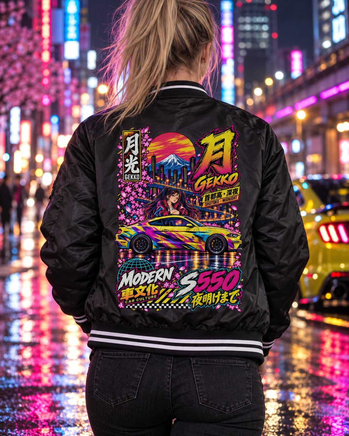 GEKKO S550 Anime Girl Full-Back Graphic Tee Bomber Jacket Black worn hero