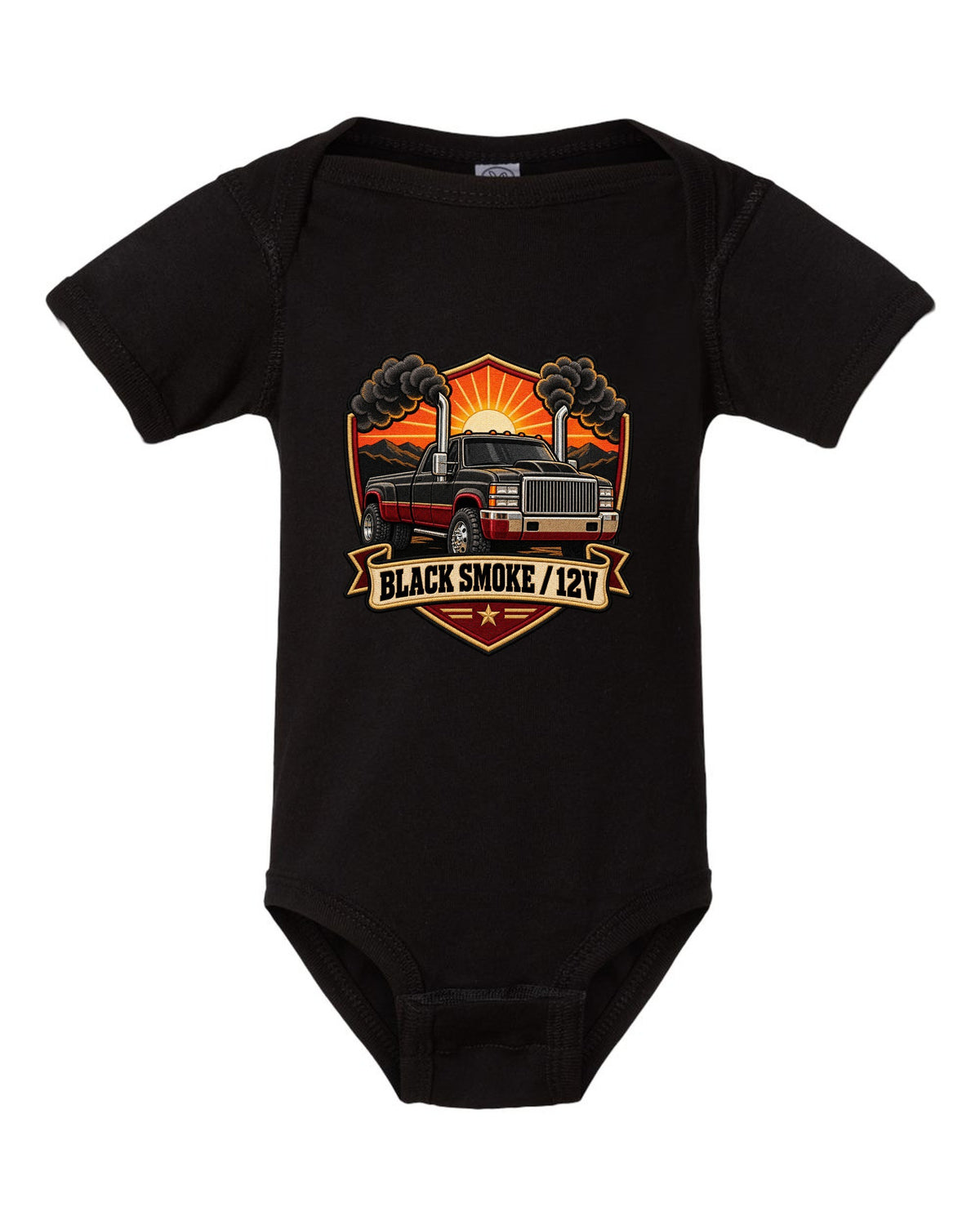 Varsity crest print of a 1994-1998 Dodge Ram 2nd gen with twin chrome smoke stacks and 12V text black baby onesie front view with the design