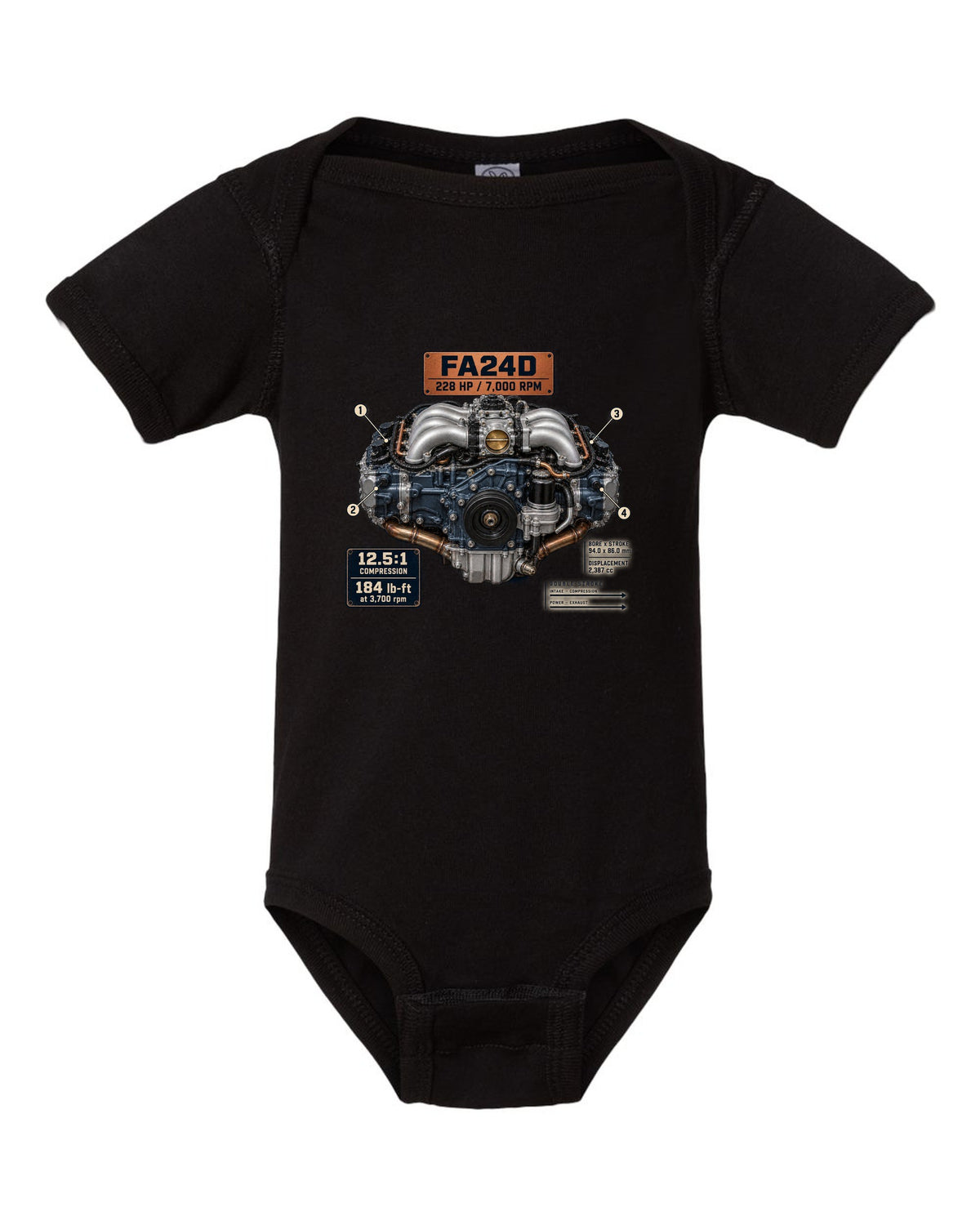 Poster-style engine print of the FA24D flat-four from the Subaru BRZ ZD8 and Toyota GR86 ZN8 black baby onesie front view with the design