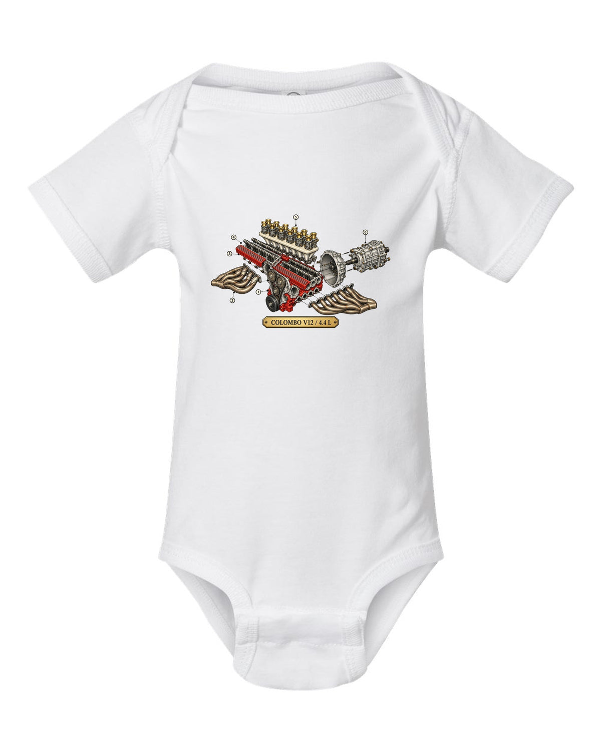 Exploded view of the Ferrari 365 GTB/4 Daytona Colombo V12 engine white baby onesie front view with the design