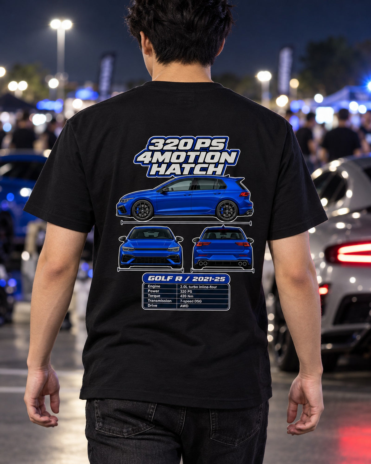 Volkswagen Golf R Mk8 Spec Sheet Full-Back Graphic Tee T-Shirt Black worn hero