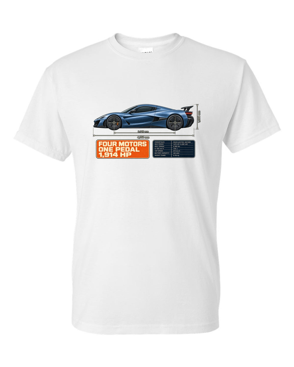 Rimac Nevera 2021 dimension blueprint print with four motors one pedal 1,914 hp text white t-shirt front view with the design