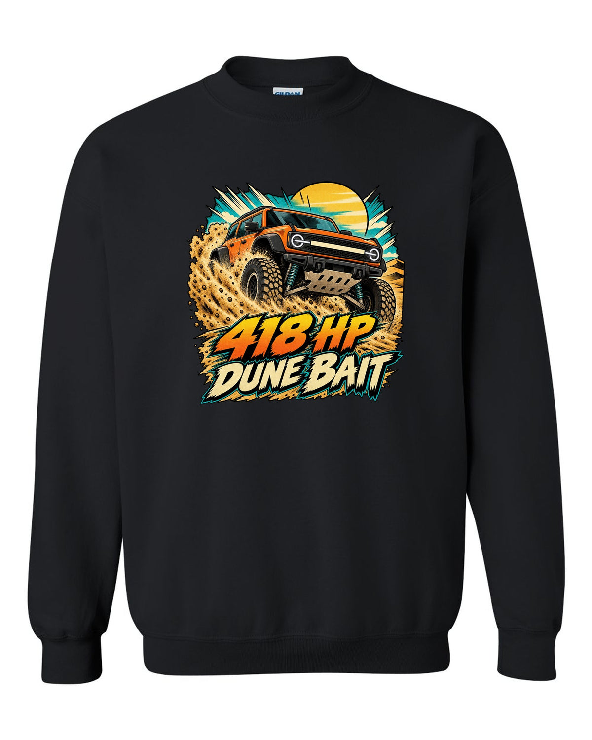 Ford Bronco Raptor U725 in a retro manga halftone dune panel print black crewneck front view with the design