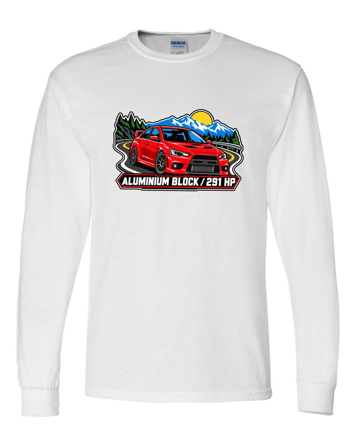 Bold three-colour screen-print style print of an airborne Mitsubishi Evo X CZ4A with all four left the ground text white long sleeve front view with the design