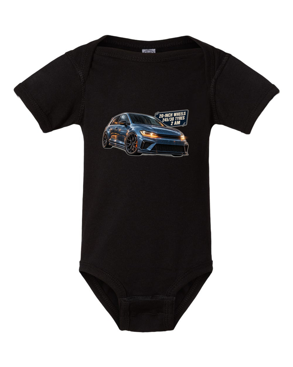 print of a Boost Blue Honda Civic Type R FK8 on a night touge road black baby onesie front view with the design