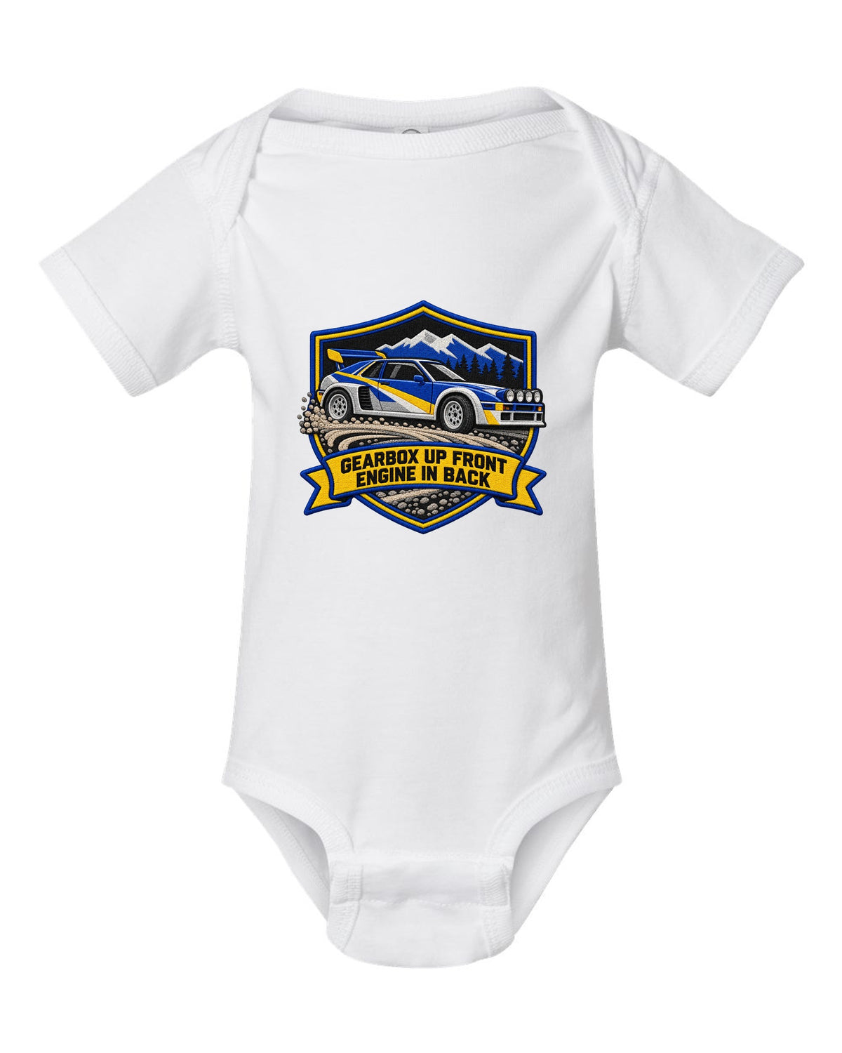 Varsity crest print of the Ford RS200 with gearbox up front, engine in back text white baby onesie front view with the design