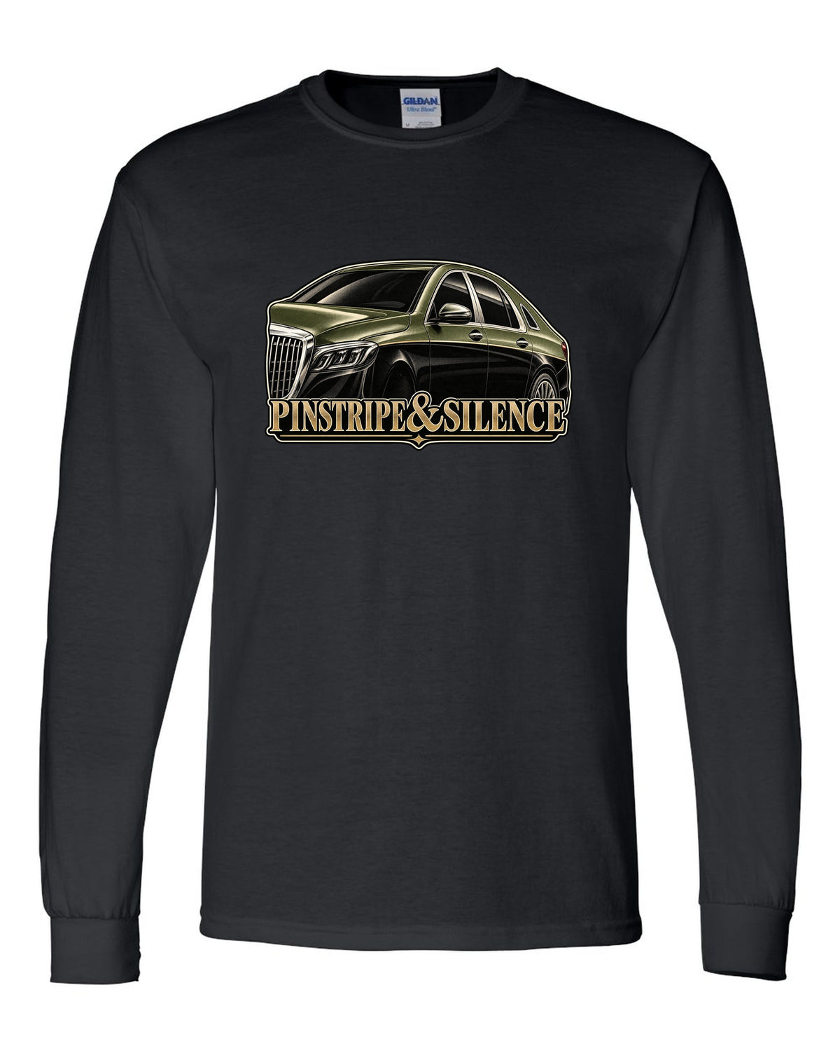 Duotone screenprint of a two-tone Mercedes-Maybach S-Class W222 with Pinstripe and Silence text black long sleeve front view with the design