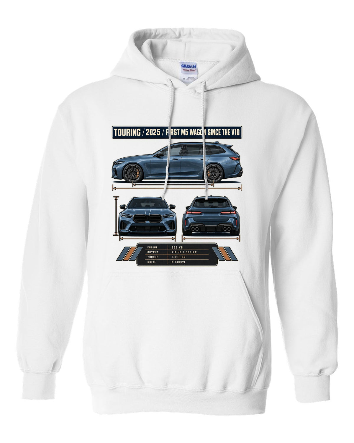 BMW M5 G90 Touring three-view drawing with spec table and first M5 wagon since the V10 text white pull over hoodie front view with the design