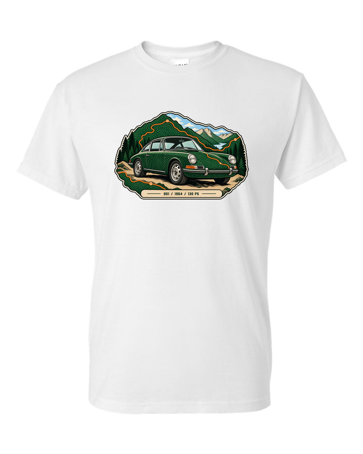 Porsche 993 RS engine bay data plate spec sheet design with 3.8 and 300 PS text white t-shirt front view with the design