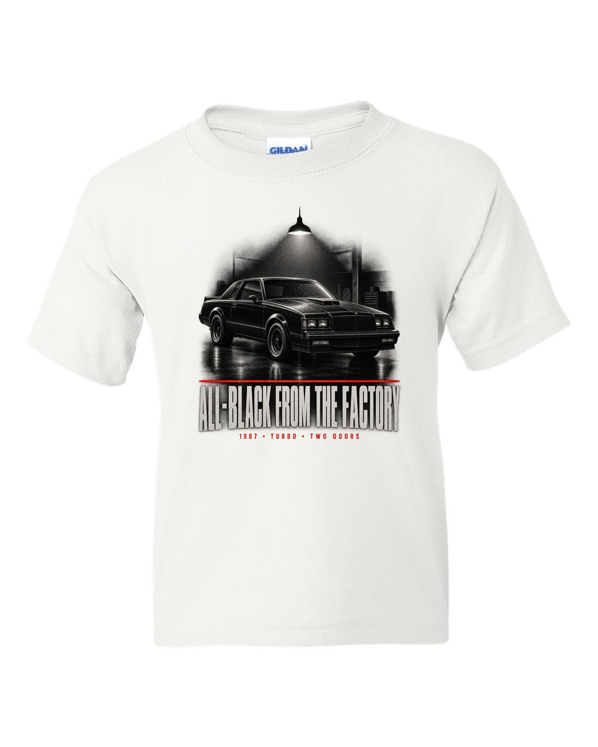 1987 Buick Grand National garage night scene print with all-black text white kids tee front view with the design