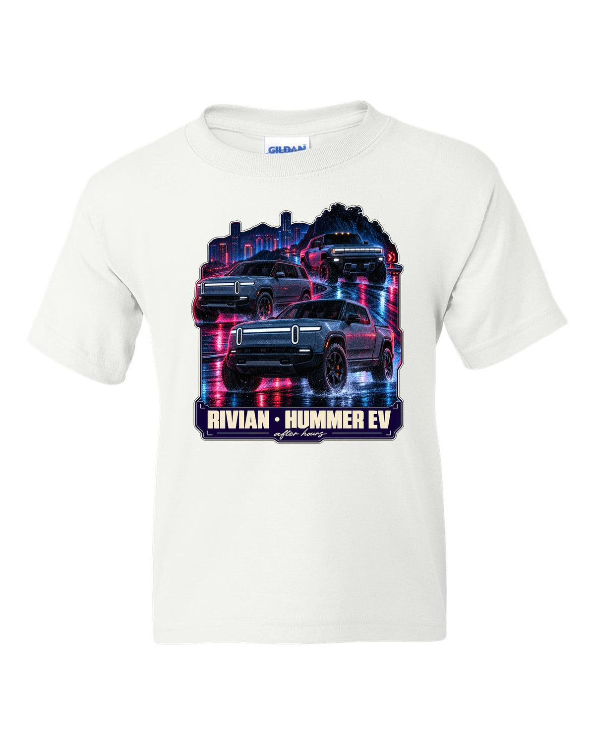 Night street print of the Range Rover Sport SV L461 on a wet road at 2 AM white kids tee front view with the design