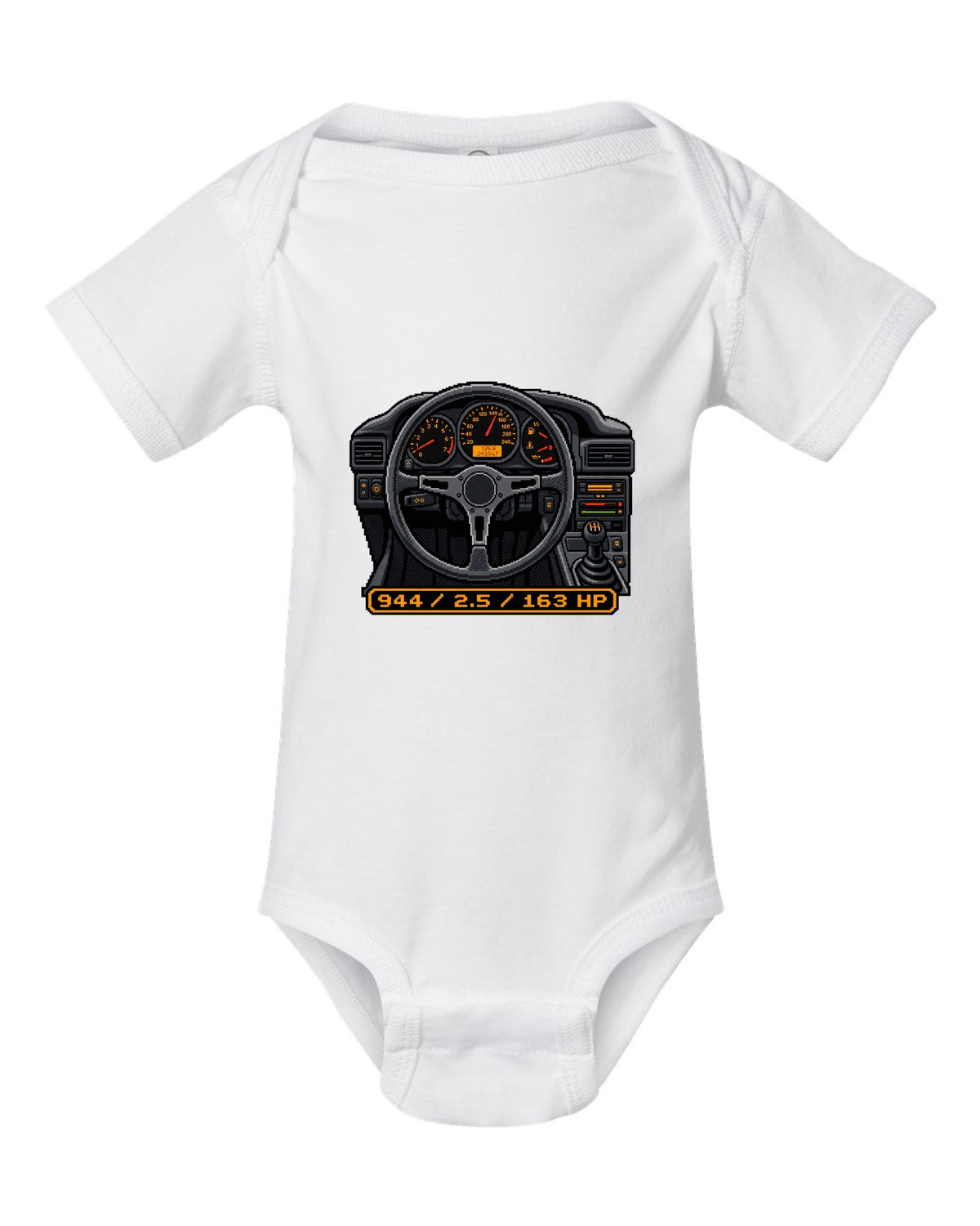 Dot-matrix pixel art of a Porsche 944 styled like a digital dash display white baby onesie front view with the design