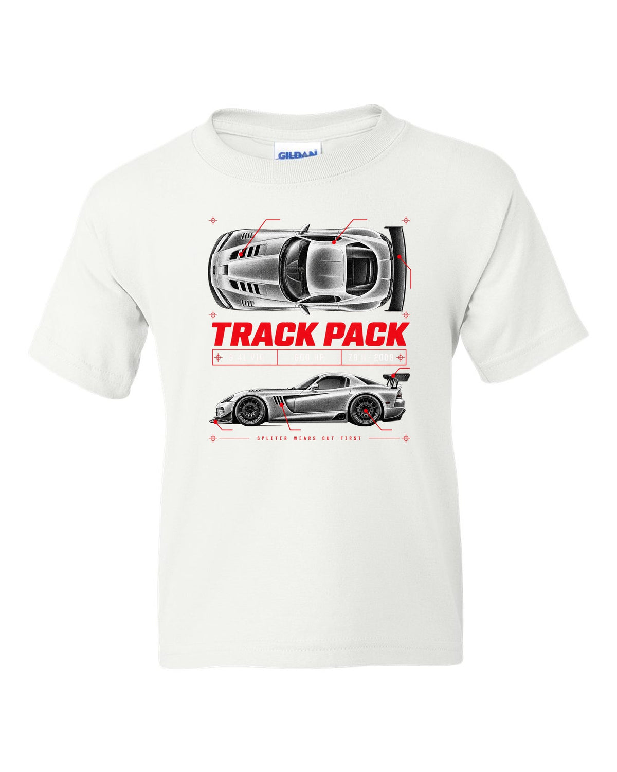 Spec poster print of a 2008 Dodge Viper ACR ZB II with Track Pack, 8.4L V10 and 600 HP text white kids tee front view with the design