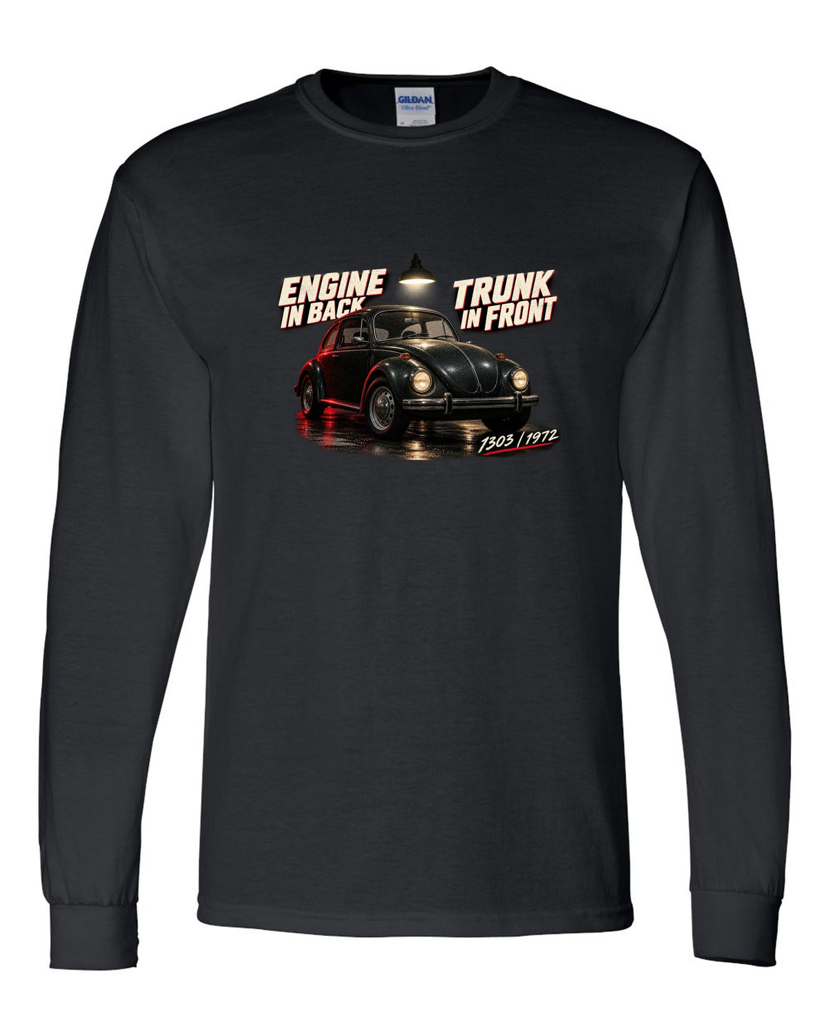 Garage night print of a VW Beetle 1303 front three-quarter with engine in back trunk in front text black long sleeve front view with the design