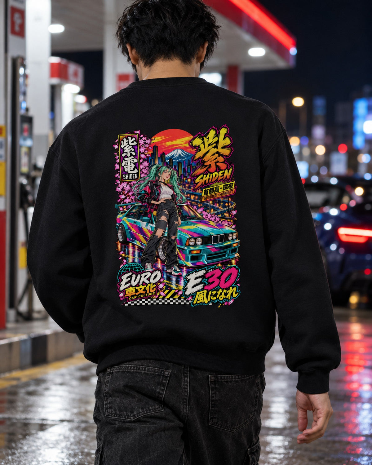 SHIDEN E30 Anime Girl Full-Back Graphic Tee Crewneck Black worn hero