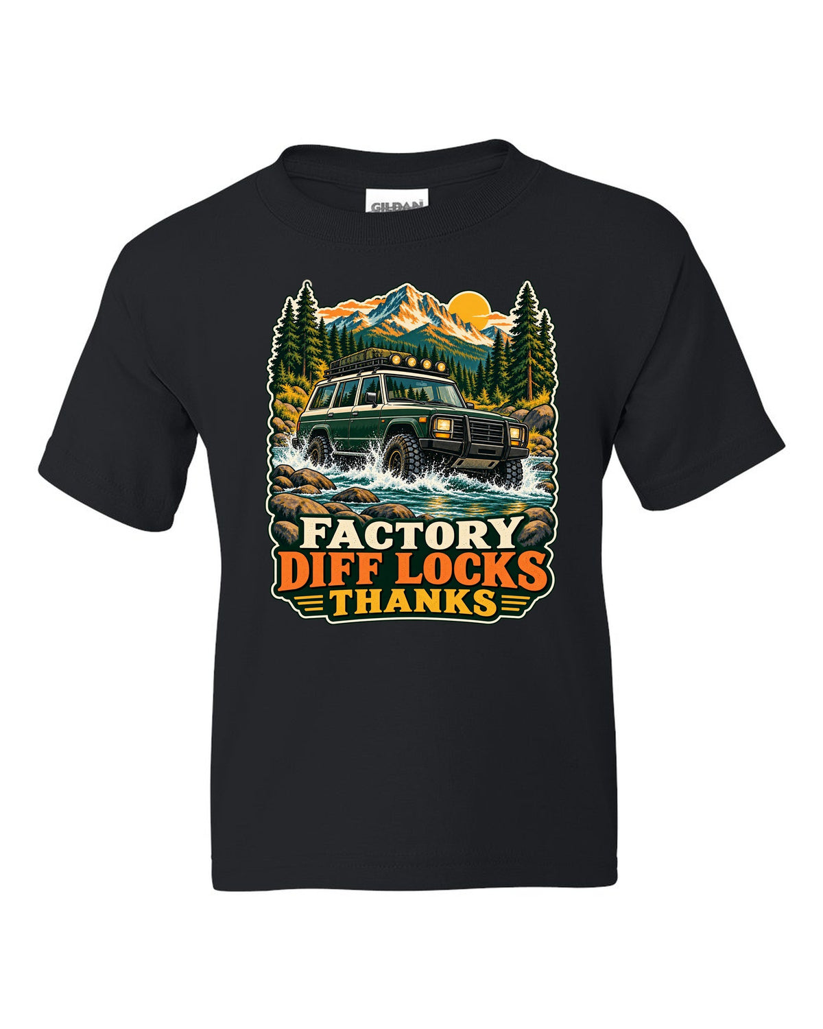 Retro national park poster of a Toyota Land Cruiser FZJ80 crossing a river with diff locks lettering black kids tee front view with the design