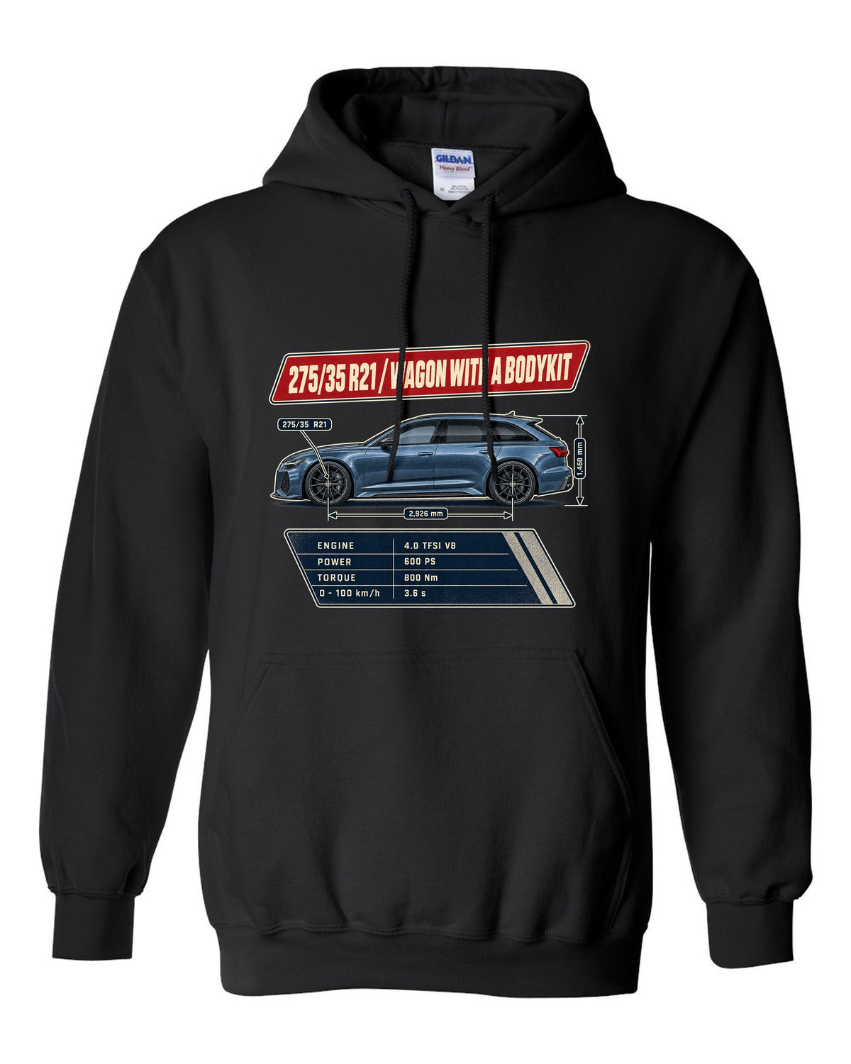 Spec poster for the Audi RS6 Avant C8 listing 275/35 R21 tyres black pull over hoodie front view with the design