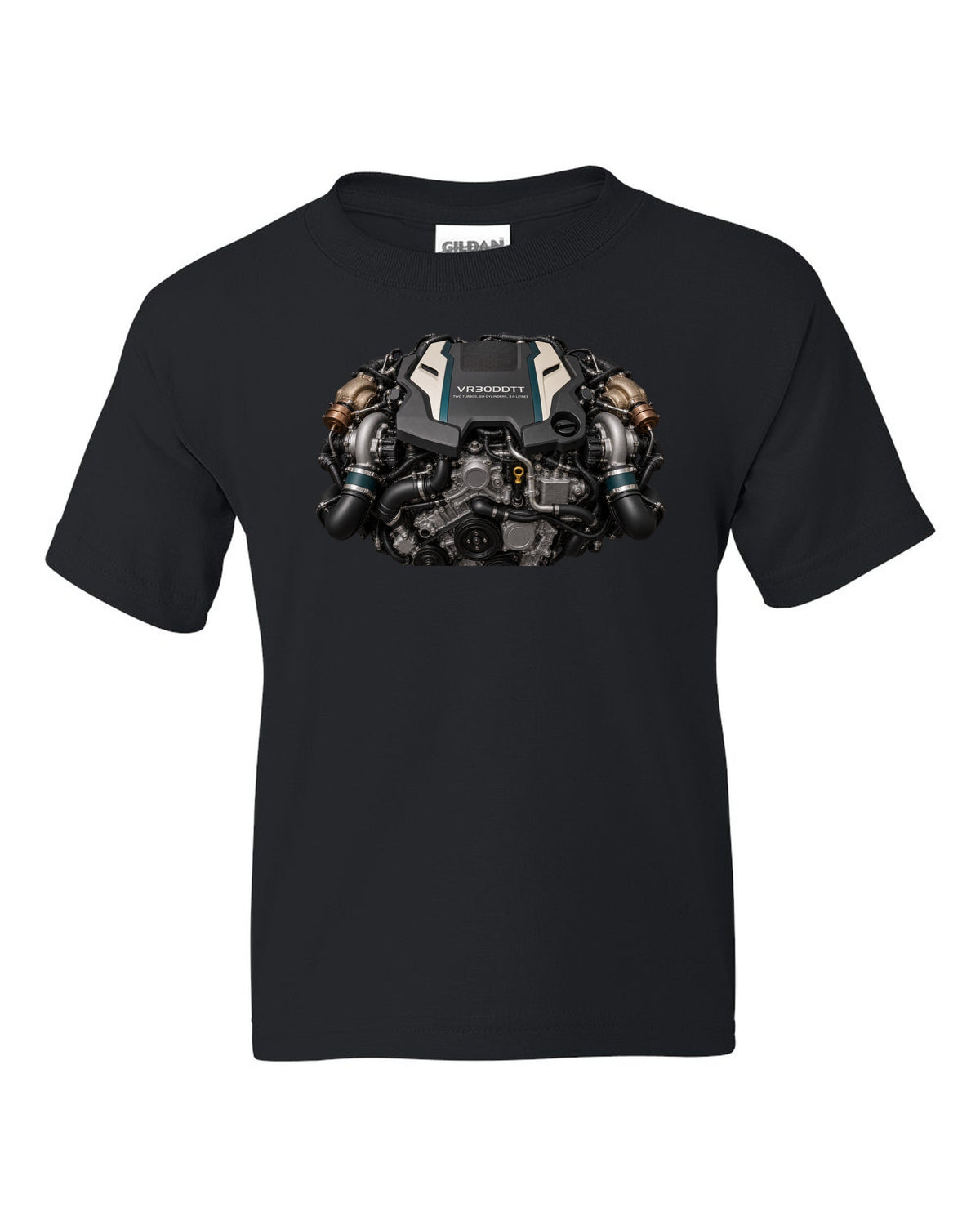 Nissan VR30DDTT 3.0 litre twin-turbo V6 engine bay poster style print black kids tee front view with the design