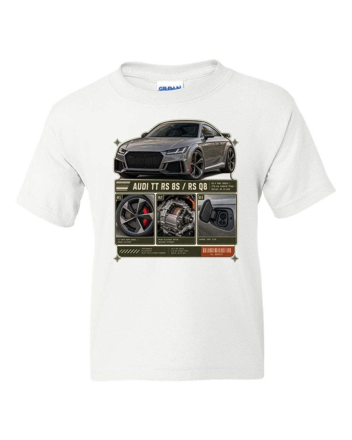 Audi RS e-tron GT dossier panels with wheel, motor and charge port print design white kids tee front view with the design
