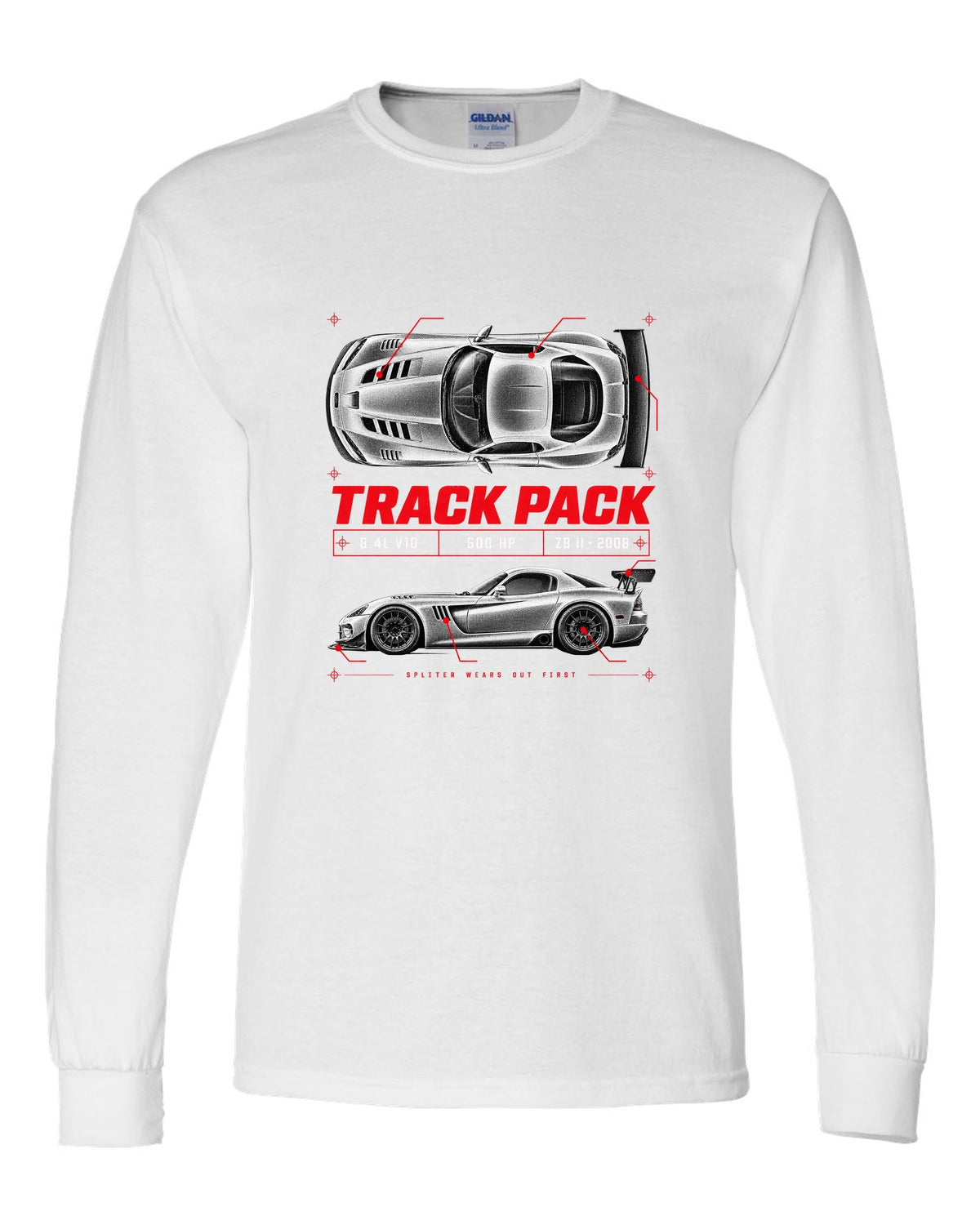Spec poster print of a 2008 Dodge Viper ACR ZB II with Track Pack, 8.4L V10 and 600 HP text white long sleeve front view with the design