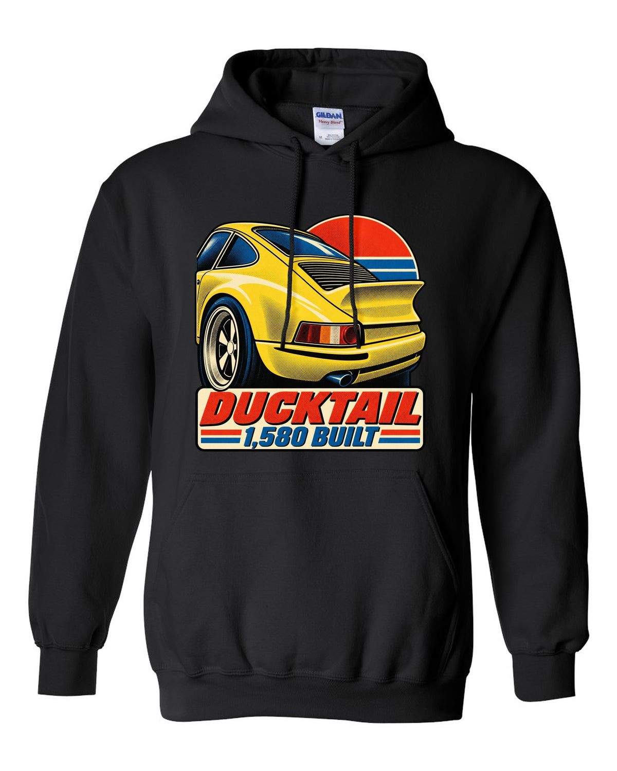 Vintage lithograph poster of the Porsche 911 Carrera RS 2.7 ducktail black pull over hoodie front view with the design