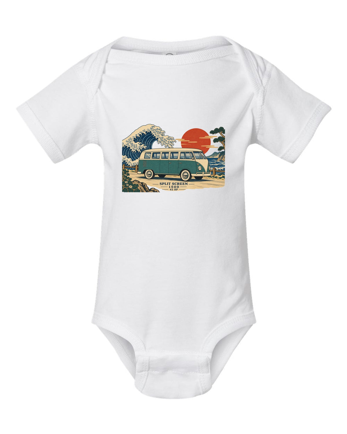 Ukiyo-e woodblock of a 1963 split-window VW Bus T1 with a wave and 42 HP lettering white baby onesie front view with the design
