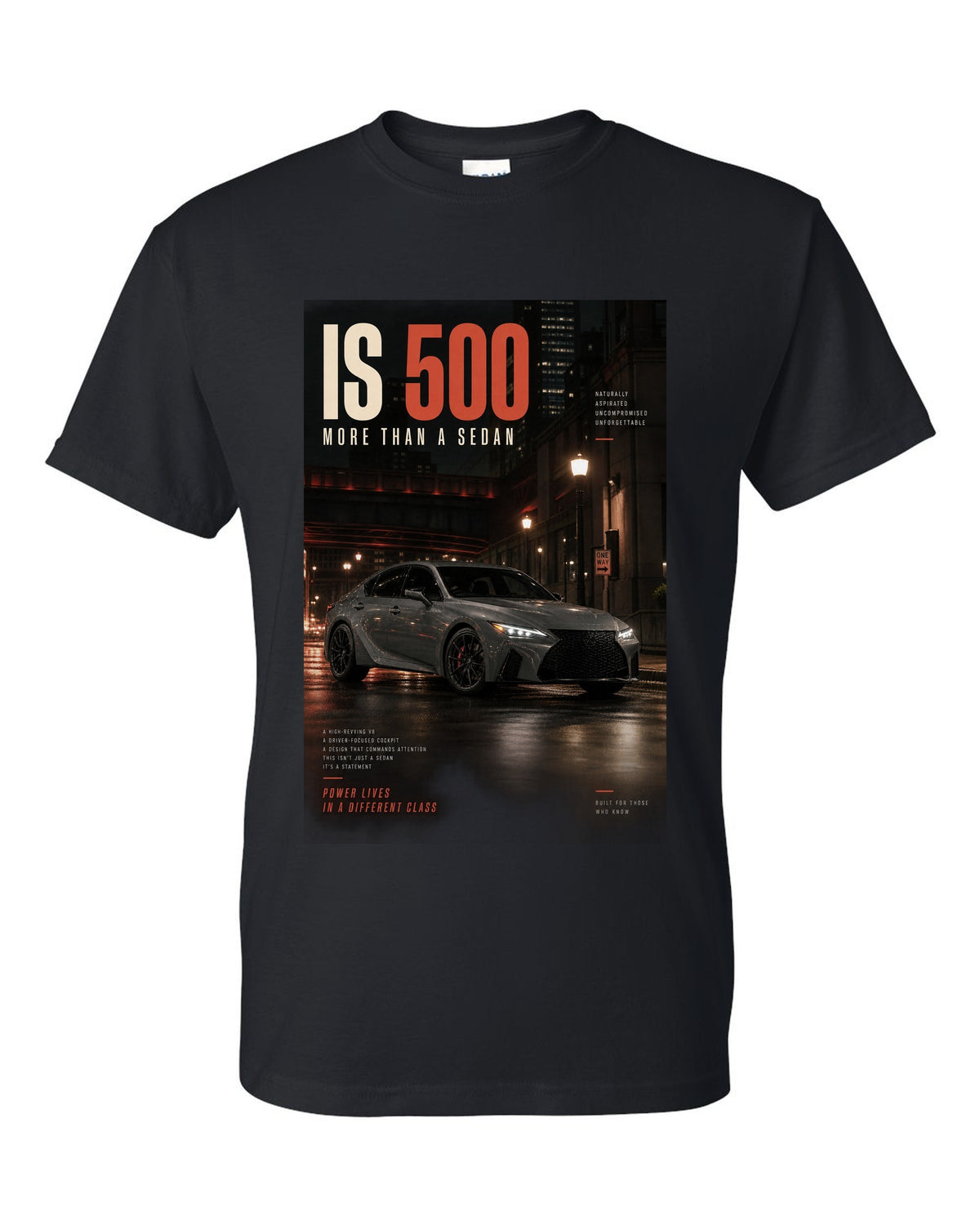 Halftone print of the Lexus IS 500 with 5.0 V8 text black t-shirt front view with the design