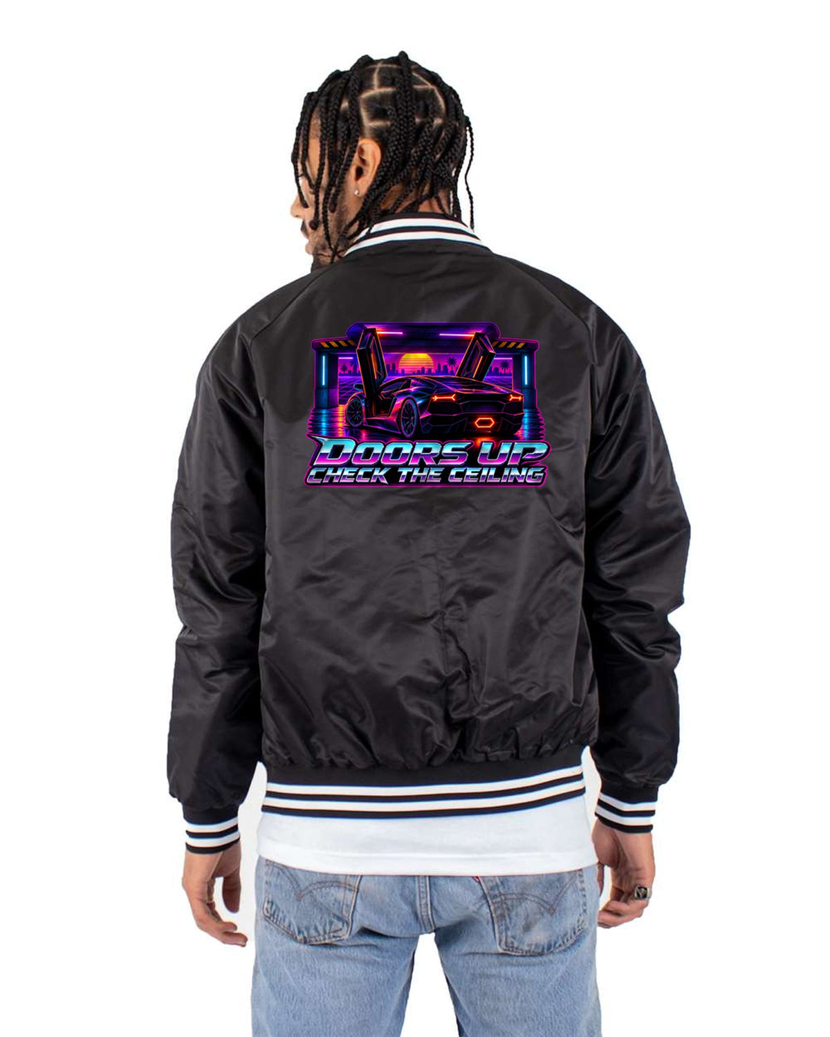 Aventador LP700-4 Synthwave Doors Up Tee, Midnight Grid Bomber Jacket Black back