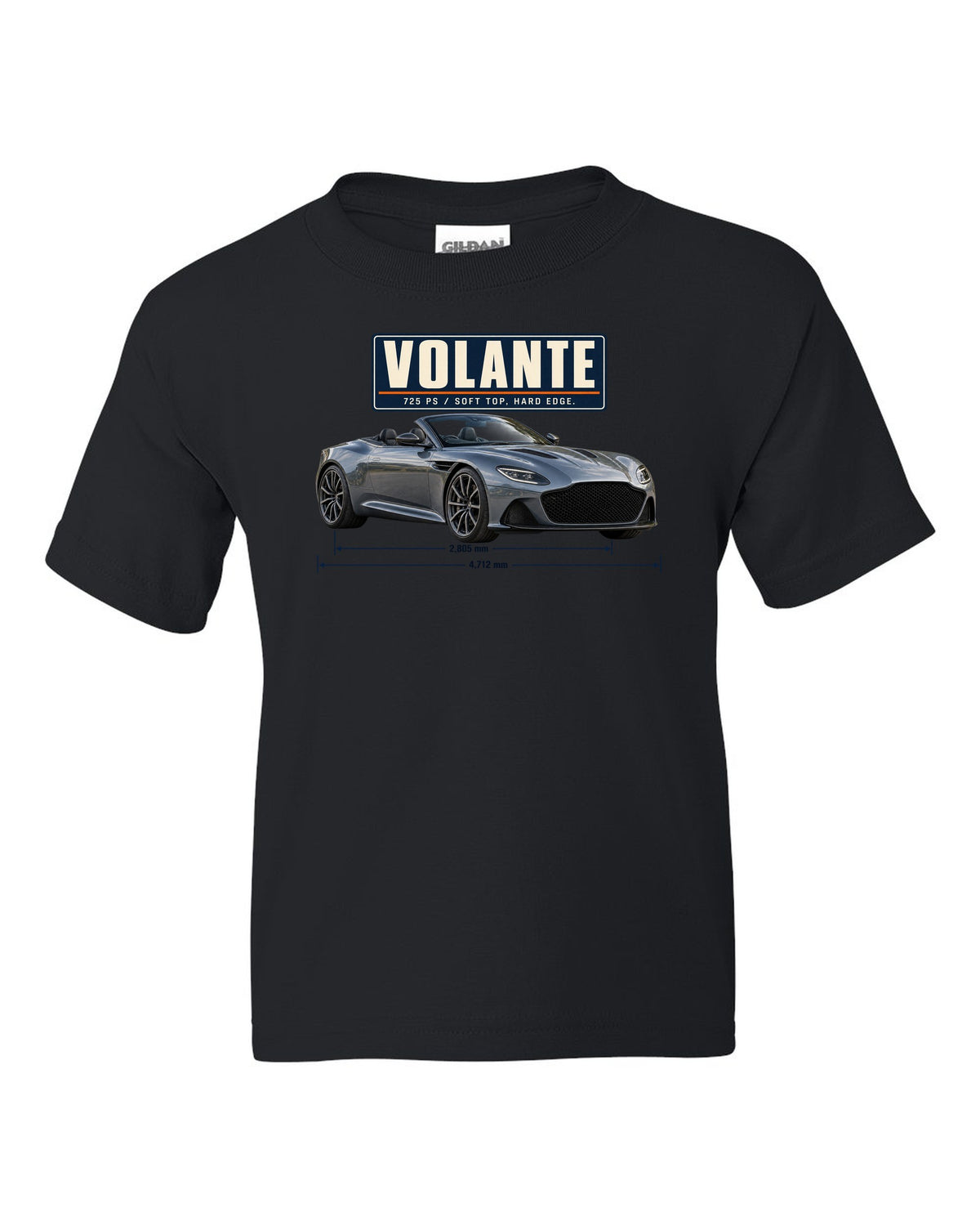 Aston Martin DBS Volante 2019 top-down editorial headline print with 725 PS text black kids tee front view with the design